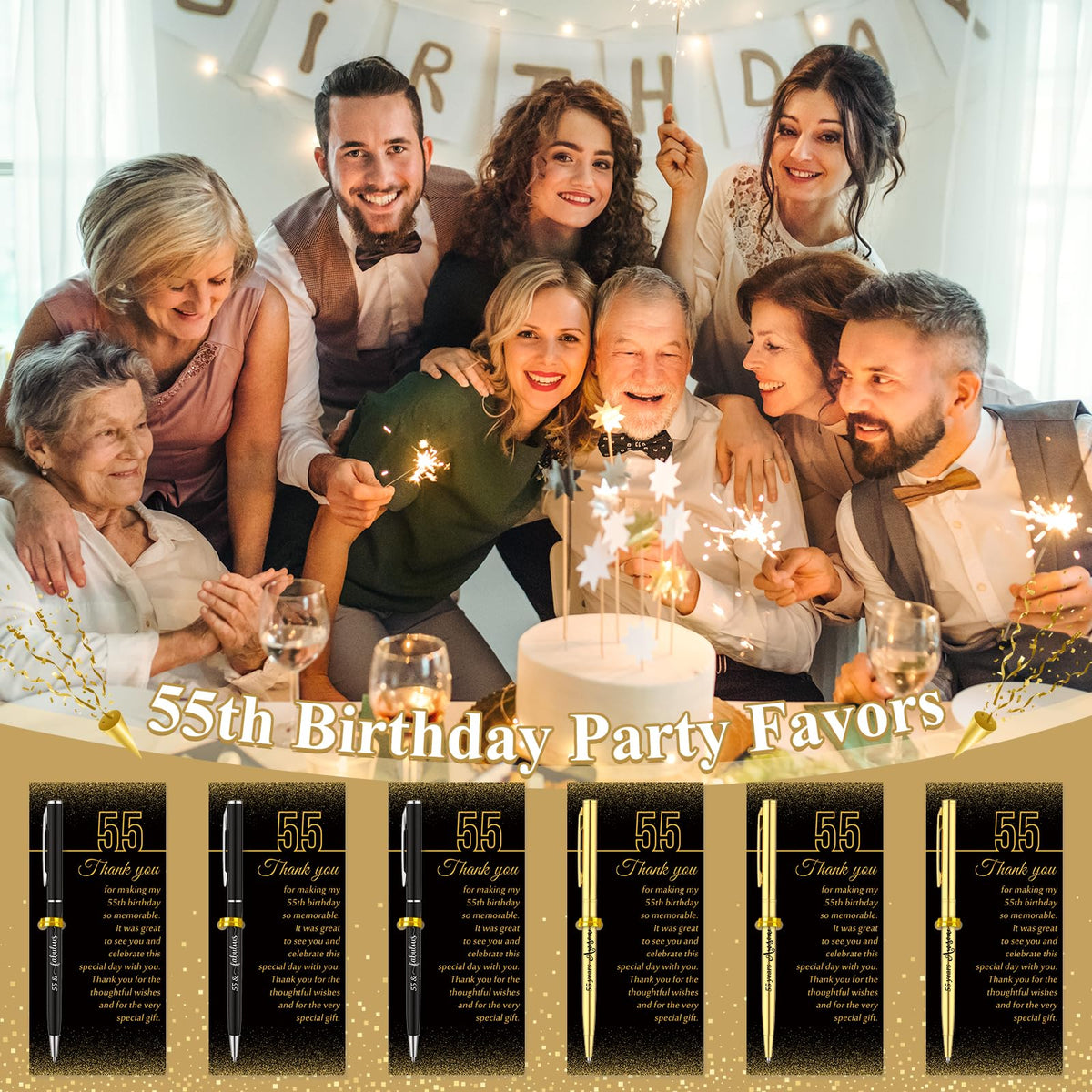 Feifeiya 55th Birthday Party Favors with Black Gold Pens Thank You Cards