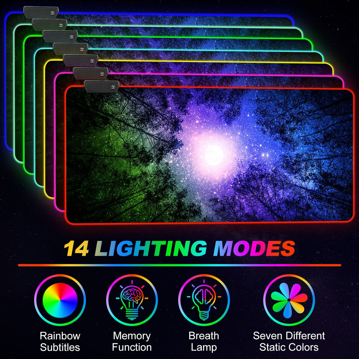 ARTSO Gaming Mouse Pad RGB Starry Sky, Forest Large Mousepad with Non-Slip Rubber Base, Cool XXL