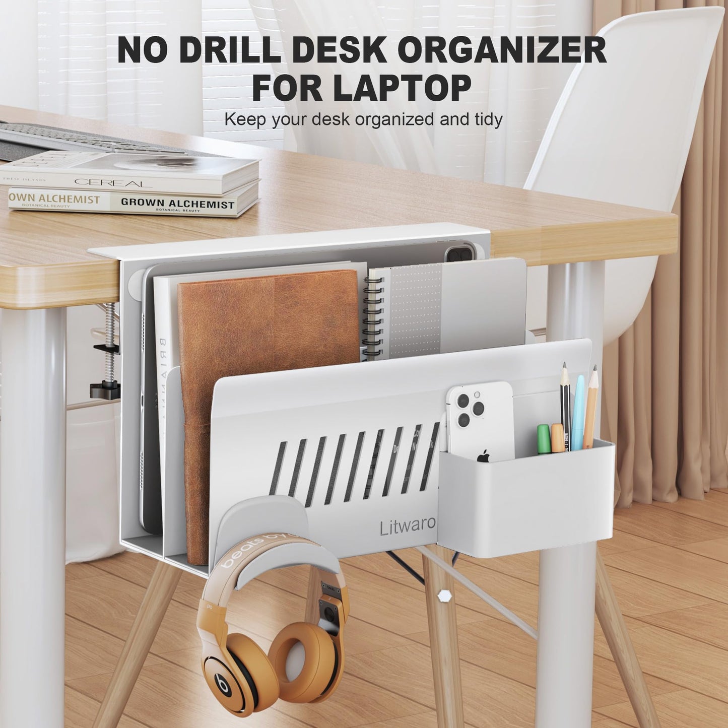 Litwaro Desk Side Storage Organizer, 2 Tier Under Desk Laptop Holder No Drill, Laptop Mount with