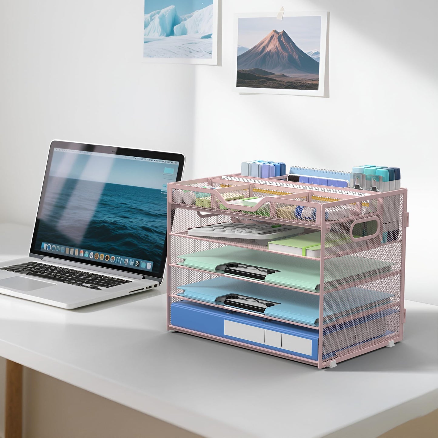 Docnest 5 Tier Mesh Desk Organizer with Removable Tray&Pen Holder, Pink