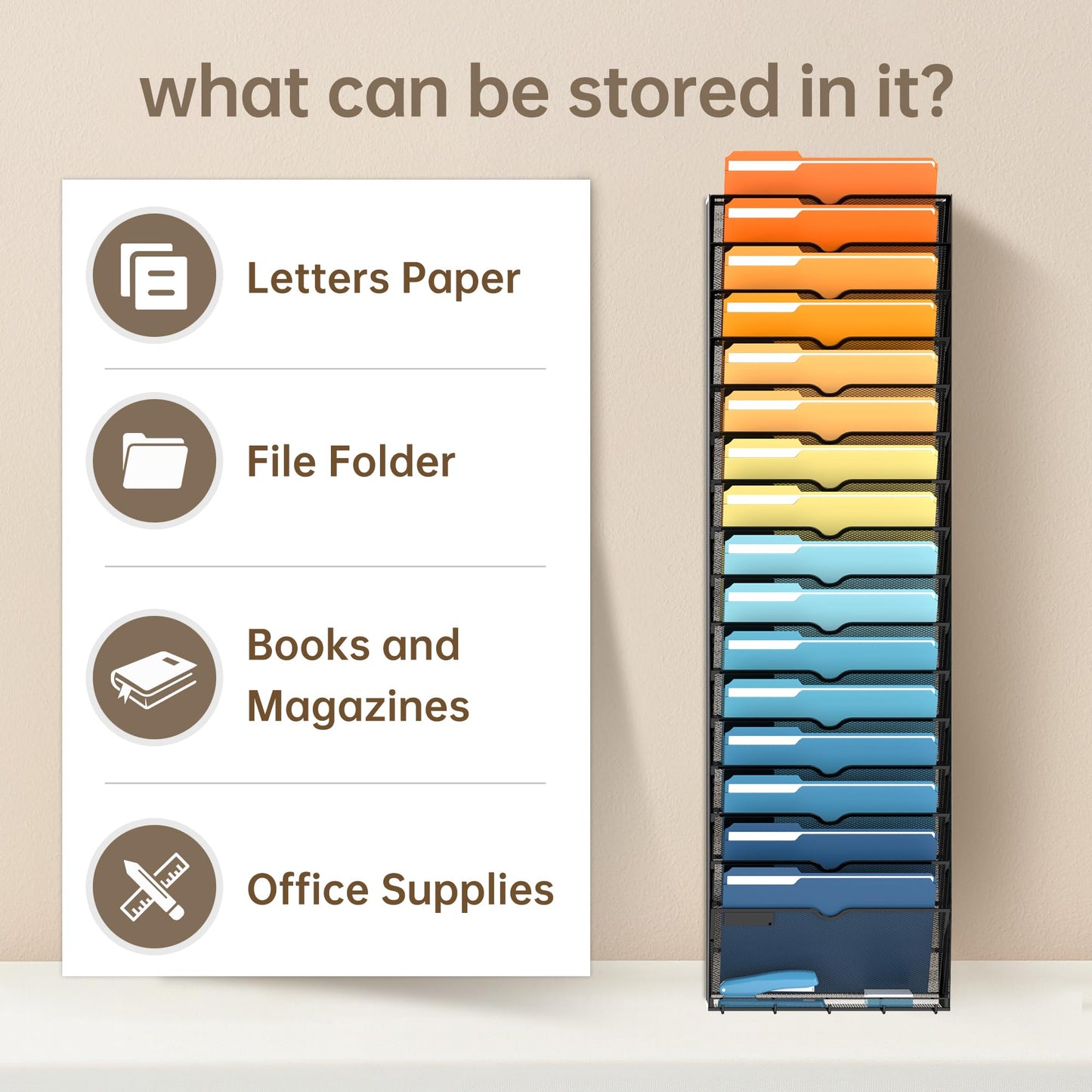 17-Tier Hanging Wall File Organizer with Hooks for Office Organization