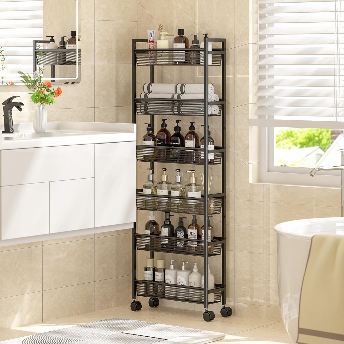 ThreeHio 6 Tier Slim Storage Cart, Narrow Cart with Wheels, Metal Mobile Shelving Unit Organizer