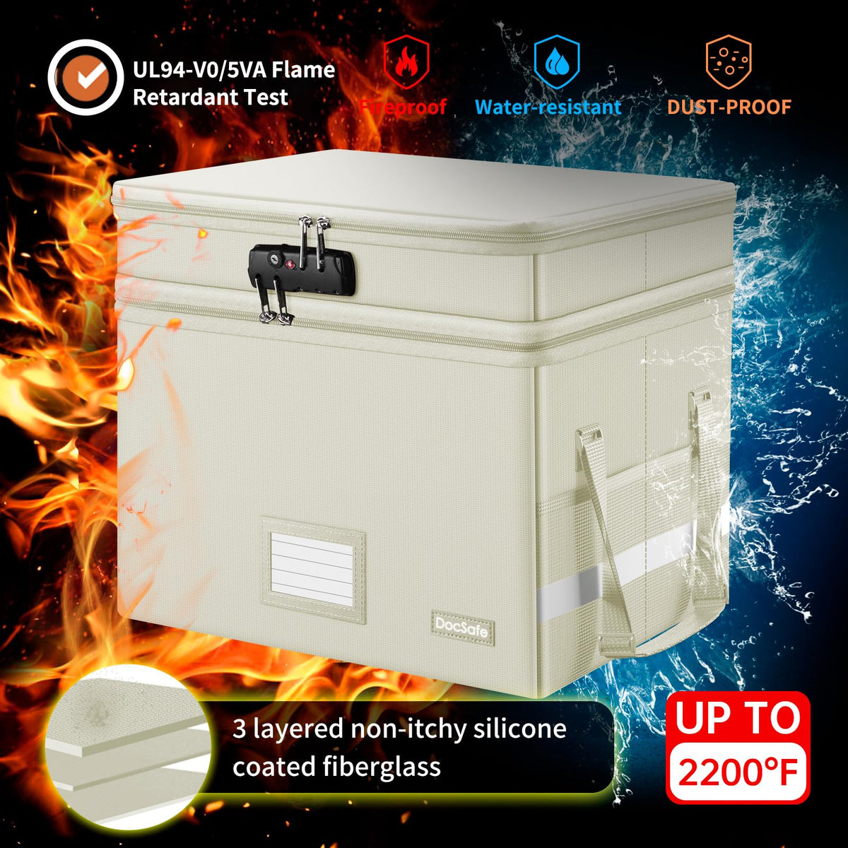 DocSafe File Box with Lock,Multi-Layer Fireproof Document Box Collapsible File Storage Organizer