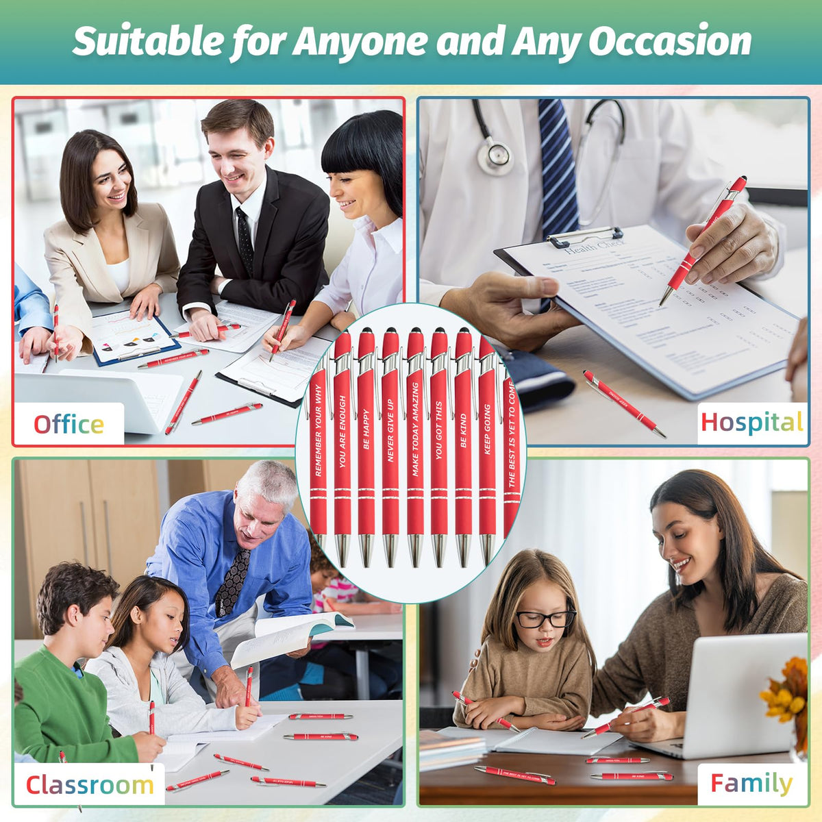 200 Piece Inspirational Pens Kit with Stylus Tip & Sayings – 100 Motivational Pen + 100 Individual