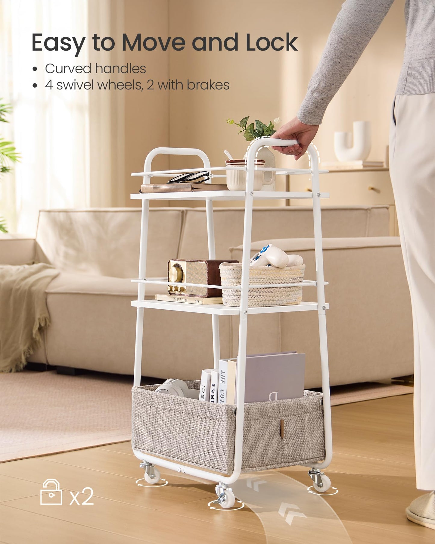VASAGLE Storage Cart with Fabric Basket, 3-Tier Rolling Utility Cart