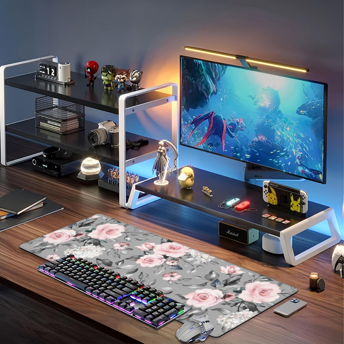 Pink Roses Desk Mat,Large Spring Blooming Flowers and Leaves Gaming Keyboard Mouse Pad,Non-Slip