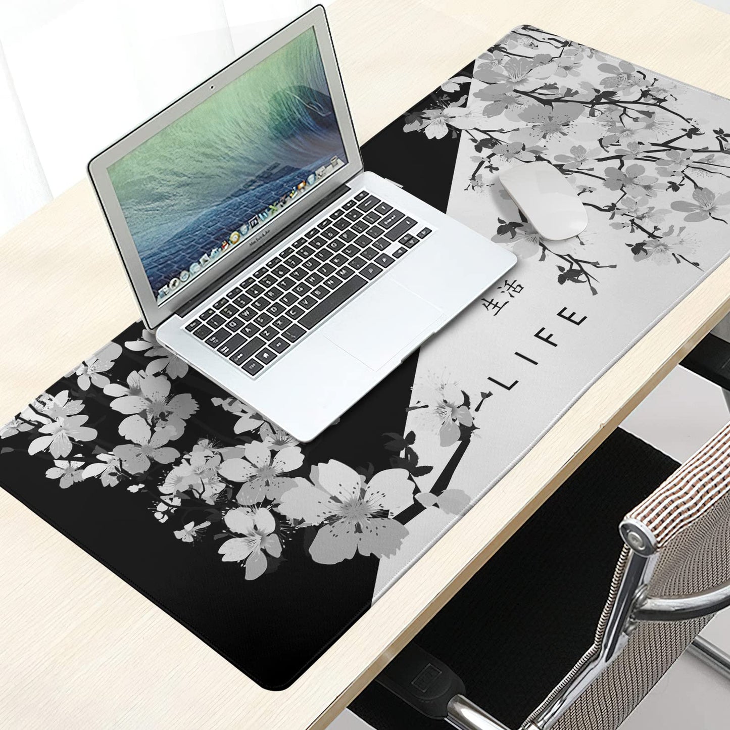 Black White Japanese Mouse Pad 35.4 X 15.7 Inch XXL Cherry Blossom Death Life Full Desk Mousepad