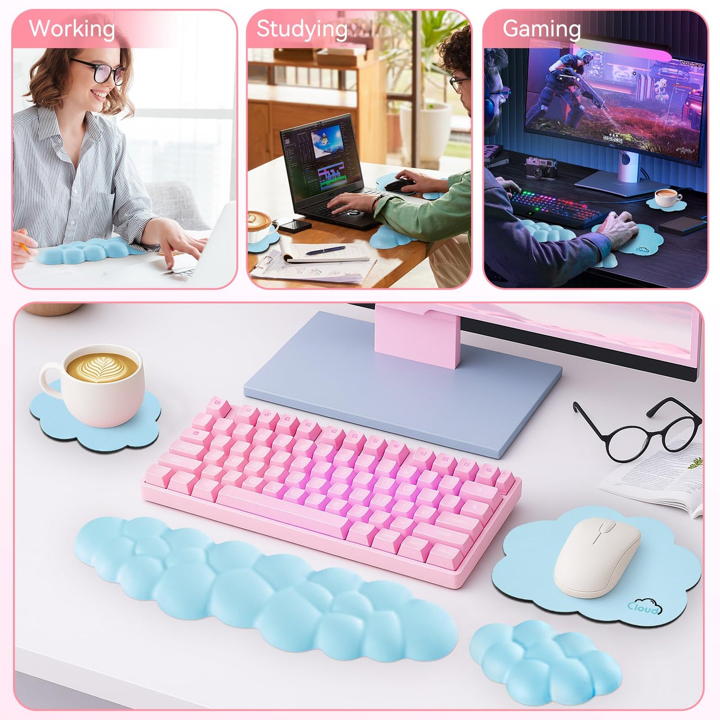 Sushret Cloud Wrist Rest for Computer Keyboard and Mouse Pad Set, Blue