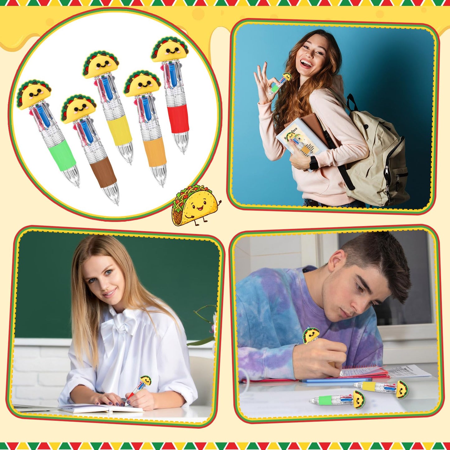 Sayglossy 36 Sets Taco Pens Bulk, 4-in-1 Taco Party Favor Pens with Cards