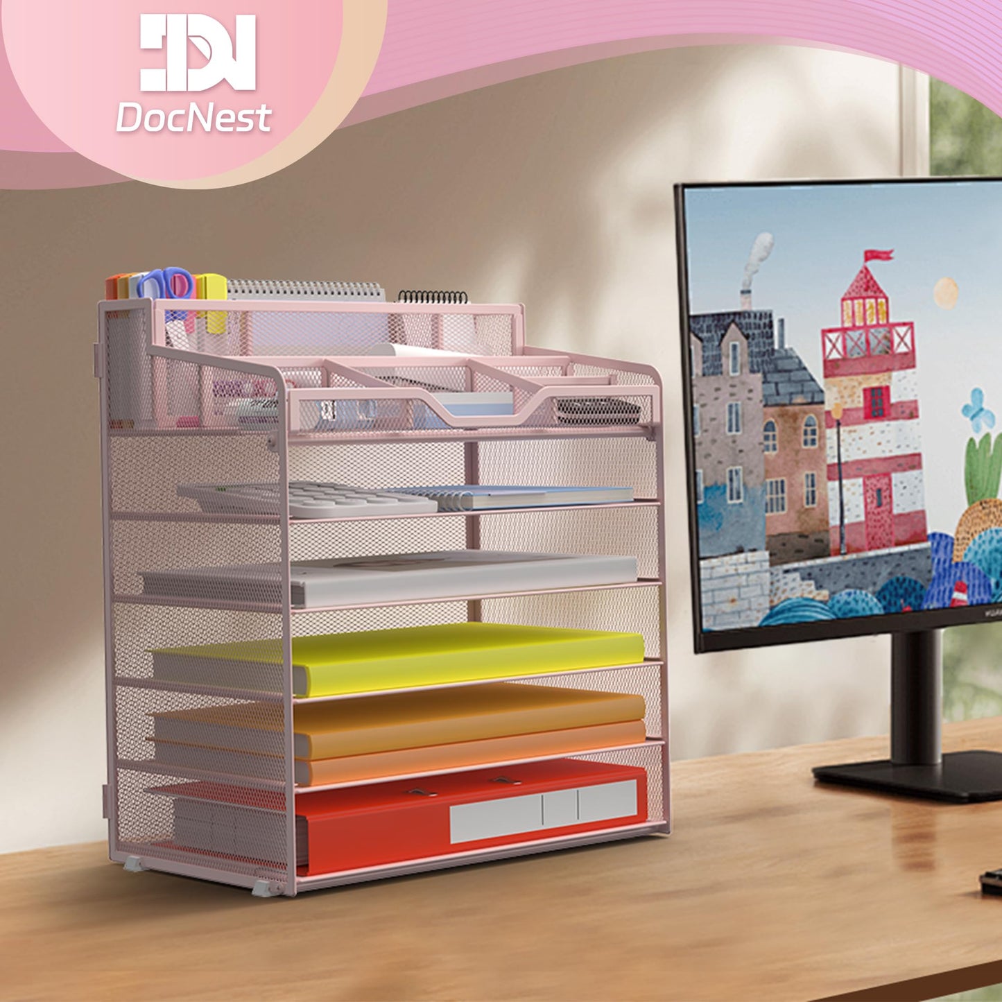 Docnest 6 Tier Mesh Desk Organizer with Letter Tray & Paper Sorter, Pink