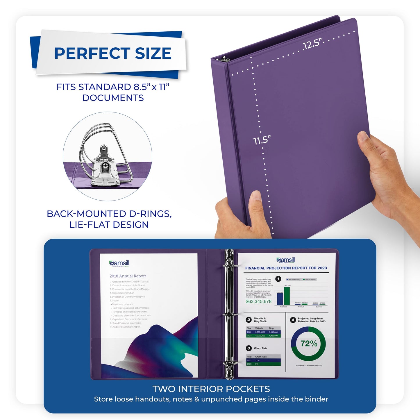 Samsill Durable 1 inch 3 Ring Binder, D Ring Binder, 100% Recycled Chipboard, Purple, 12 Pack