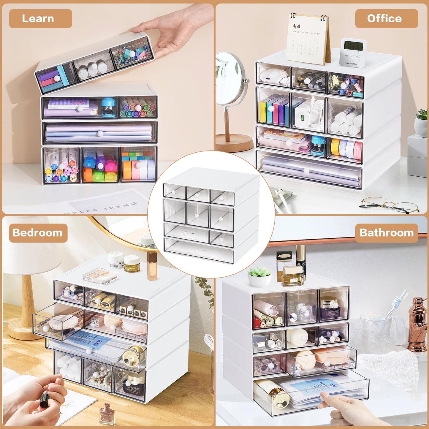 FODIENS Desk Storage Organizer with 9 Drawers, 4 Tiers Stackable Desktop Craft Storage Drawers