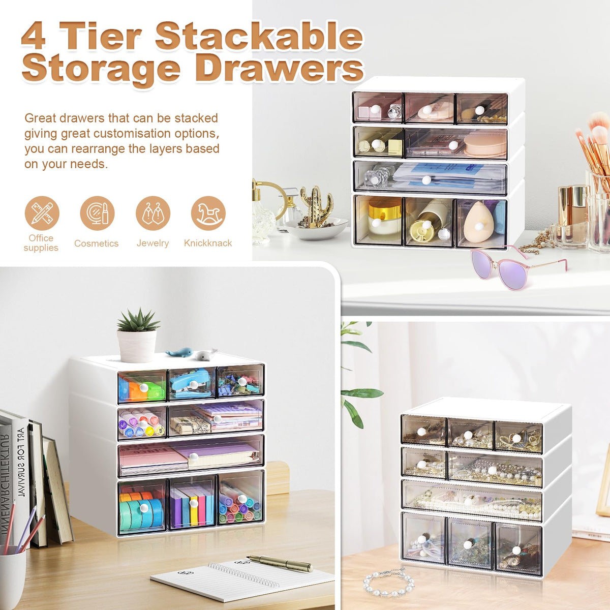 MYKASEN Desk Organizer with 9 Drawers, 4 Tier Plastic Stackable Storage Drawers for Desk Storage