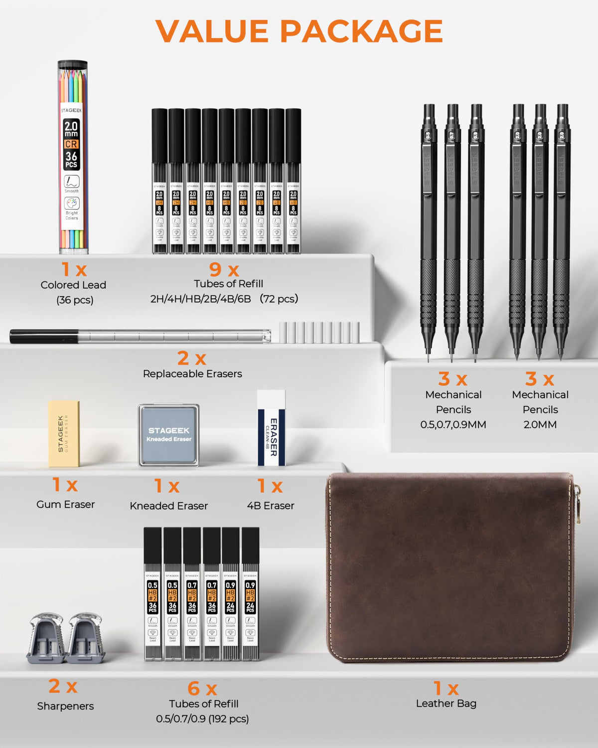 STAGEEK 30Pcs Black Metal Mechanical Pencil Set with Leather Case