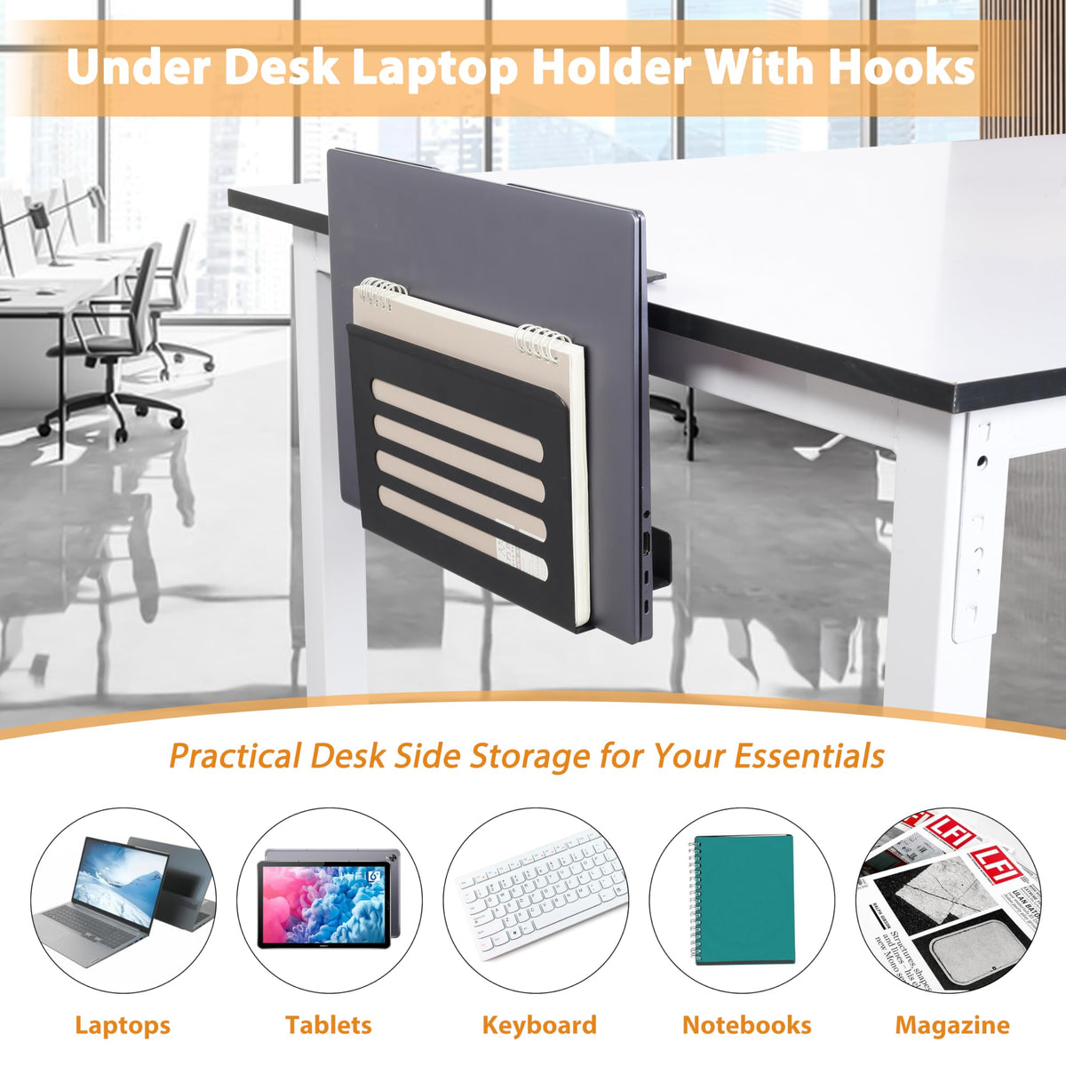 ROLIZOE Space Saving Desk Side Storage No Drilling Under Desk Laptop Holder with Headphone Holder