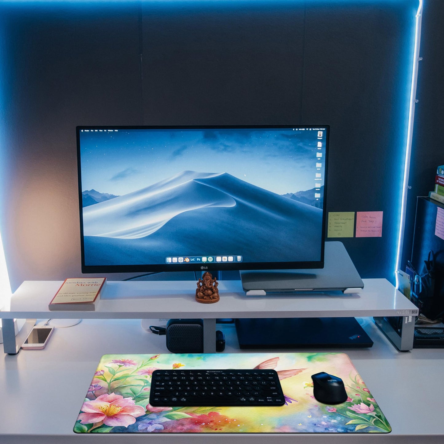 KOAIWPAE Large Gaming Mouse Pad for Desk, Watercolor Flying Hummingbird Desk Mat, Beautiful Garden