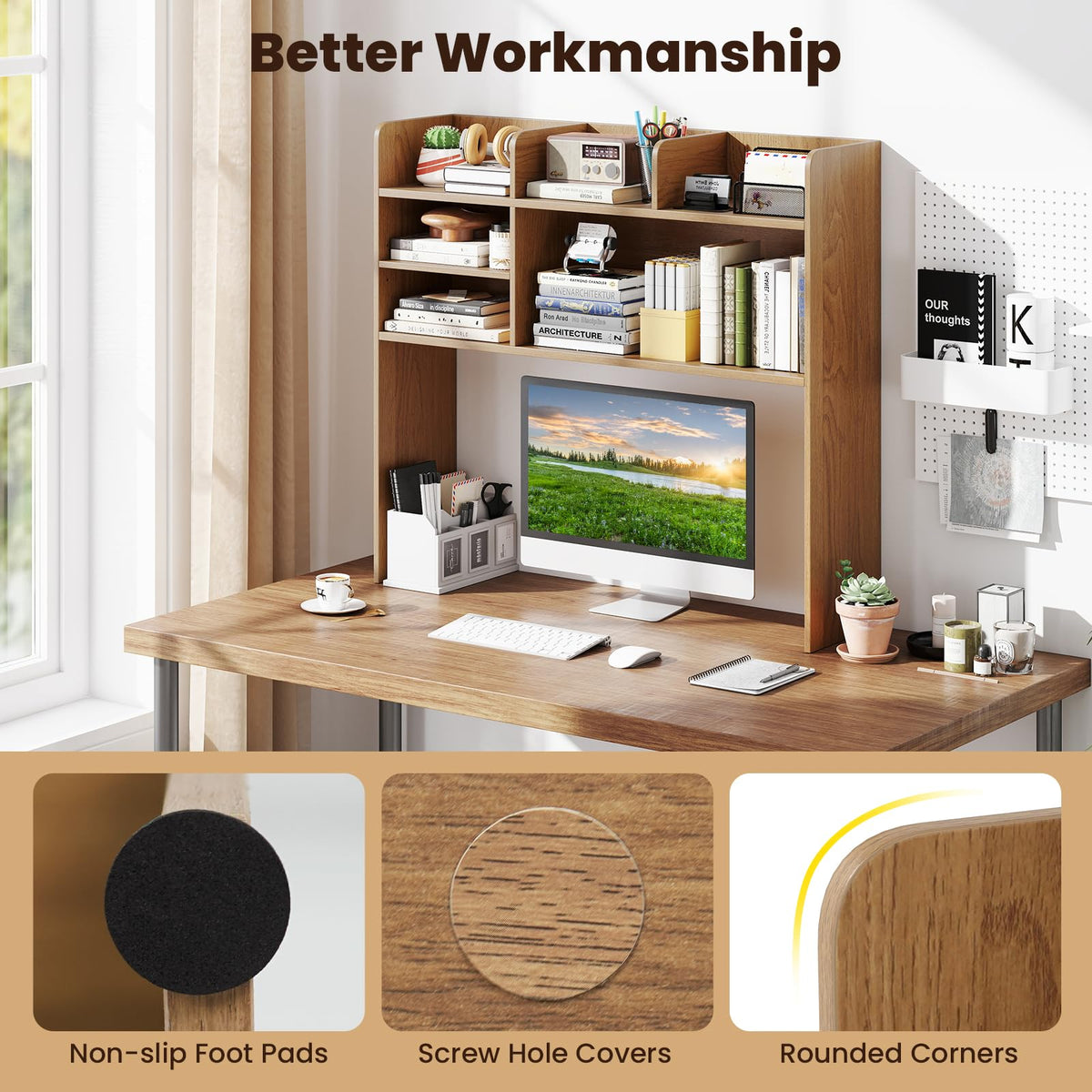 Giantex Desktop Bookshelf, 37" Desk Hutch Dorm for Computer Up to 32 Inch, Countertop Hutch w/6