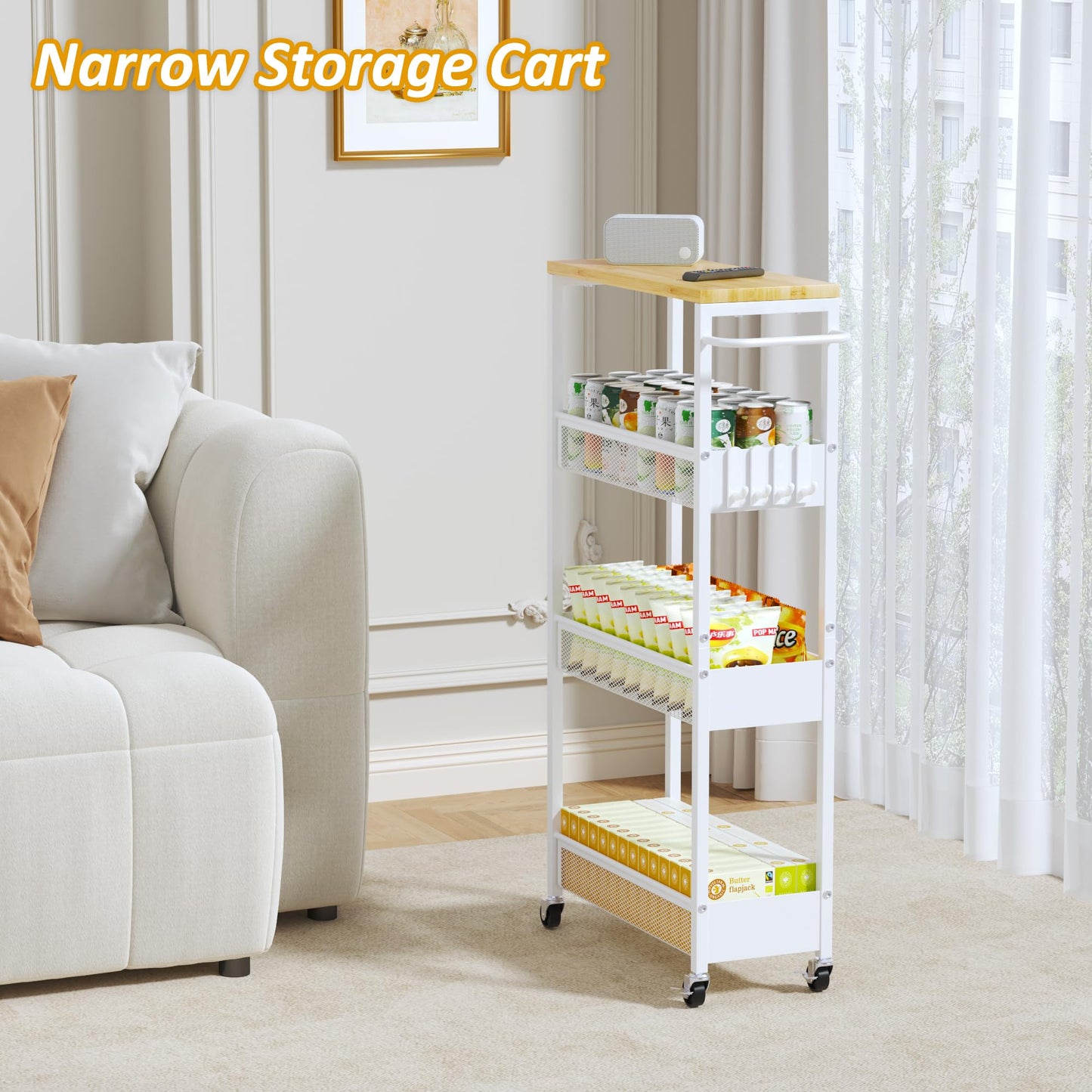 7.1" Wide Slim Storage Cart on Wheels, 4 Tier Metal Narrow Rolling Cart with Handle and Wood Top