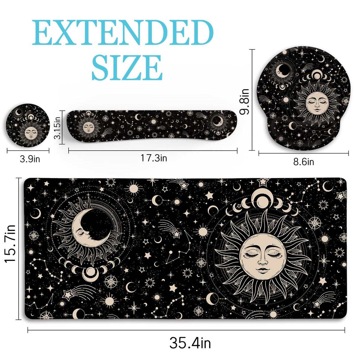 LIMKRIAN Sun Moon Mouse Pad Set Large Desk Mat Pad, Boho Desk Accessories