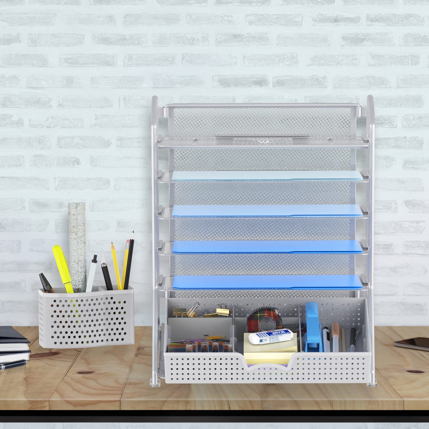Simple Houseware 6-Tier Desk File Organizer w/Drawer & Pen Holder, Silver