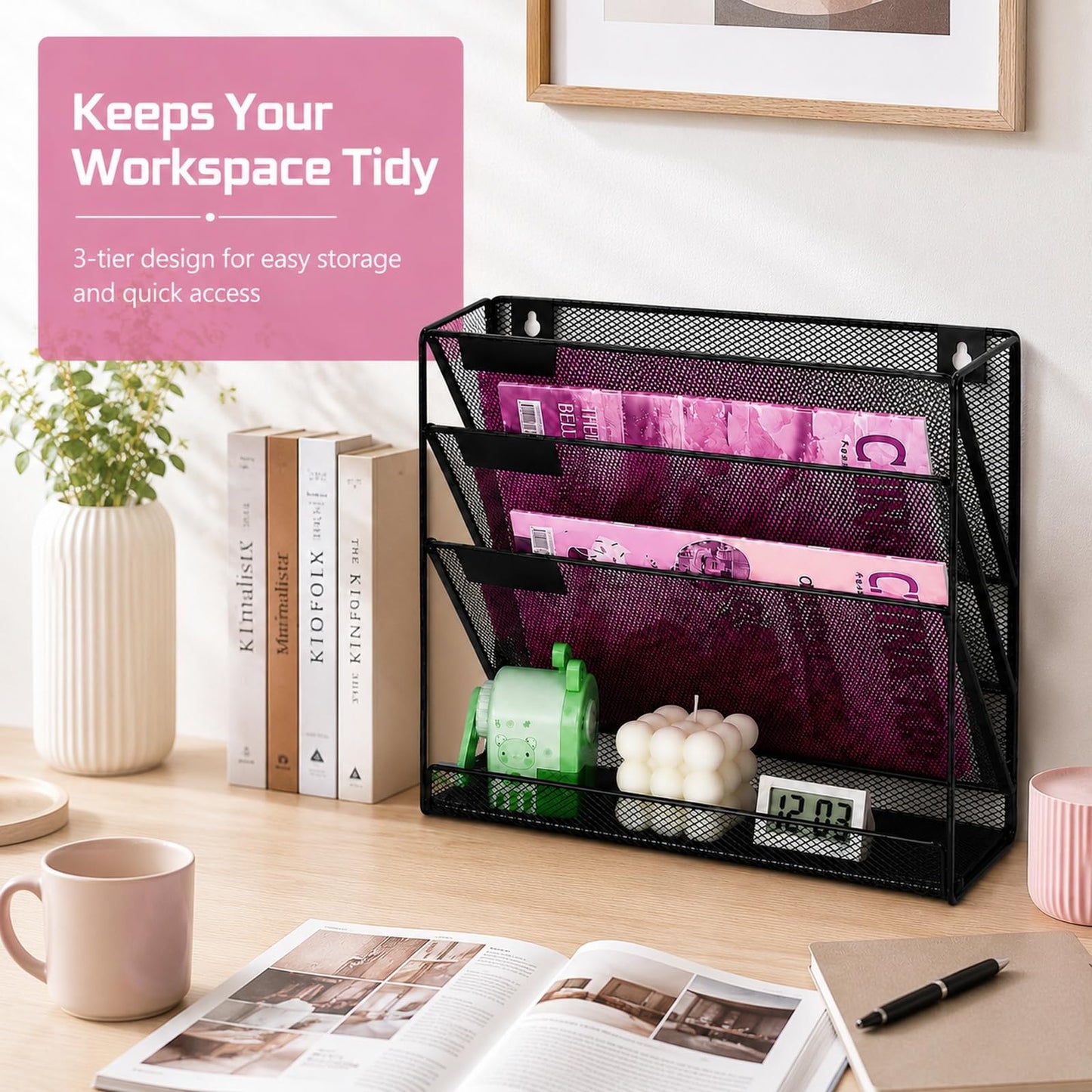 ideallife Mesh Wall File Holder Organizer with Bottom Flat Tray (4 Tier)