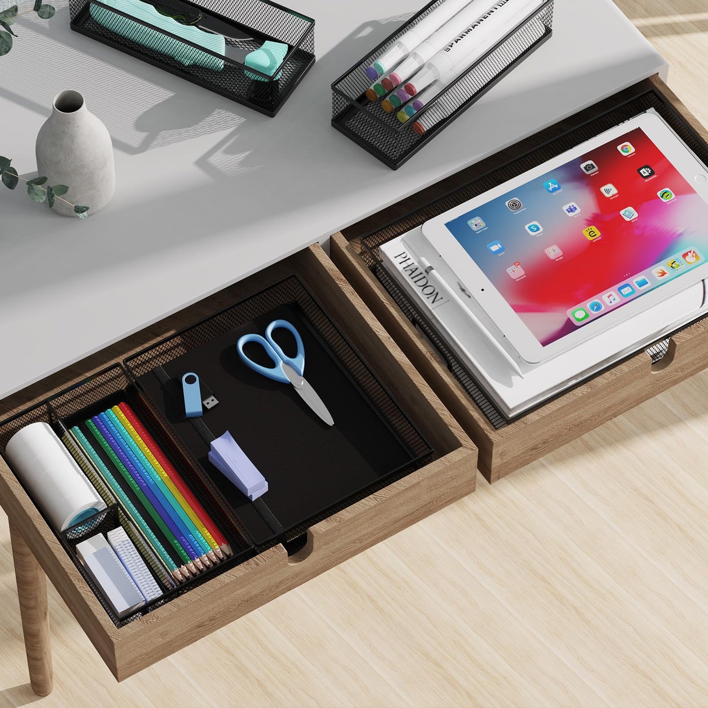 ITAYVAN 5 Pack Desk Drawer Organizers, Metal Mesh Office Desk Drawer Organizer Tray, Paper