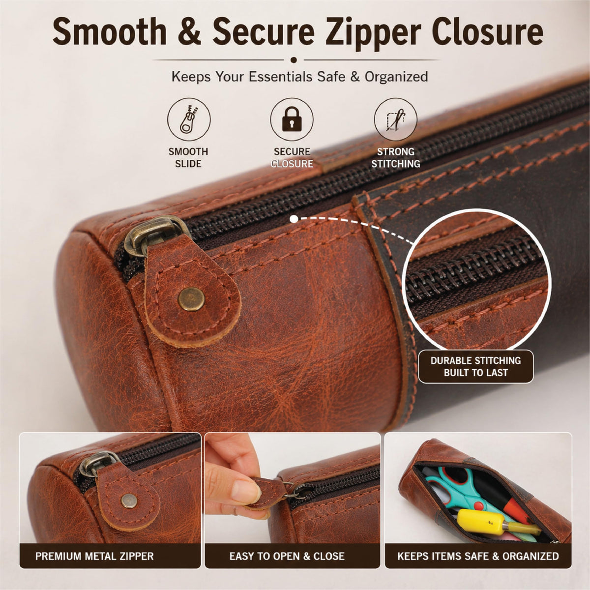 TheAntiq Genuine Leather Pencil Pouch, Handcrafted Zipper Organizer Case with Wrist Strap, Durable
