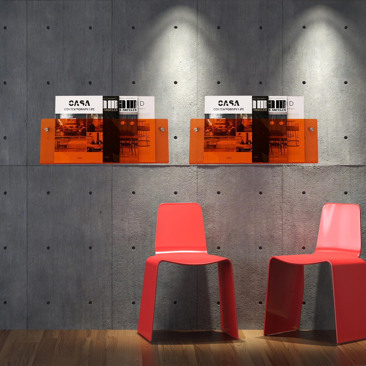 XOHYW 2 Pack Orange Acrylic Magazine Holder, Wall Mount Hanging Bookshelf Literature Storage Rack