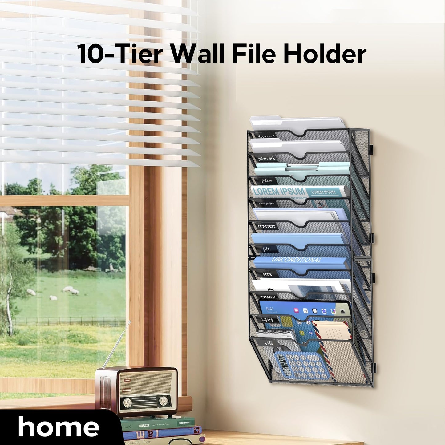 JMHUD 10-Tier Wall File Organizer and Hanging File Organizer, Black, 2Pack