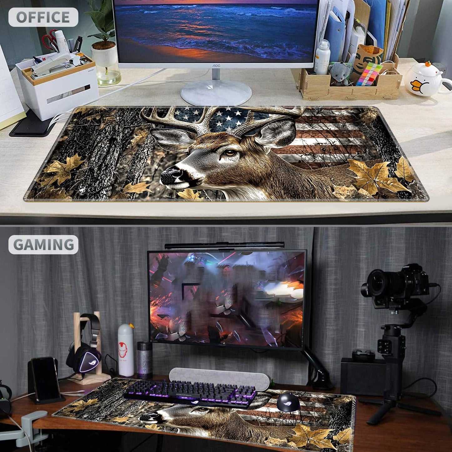 Large Gaming Mouse Pad Plus a Coasters + Cable Clips, Camo Deer Extended Mousepad (31.5 x 11.8)