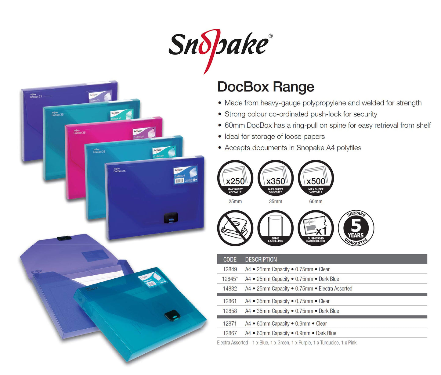 Snopake A4 DocBox Clear 25 mm Box File with Push Lock (Pack of 1) Ref 12849