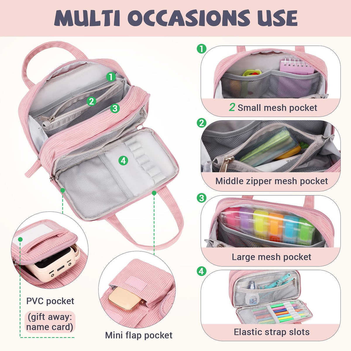 QIXIHU Pencil Case Corduroy Multiple Compartments Pouch Bag for Girl, Pink