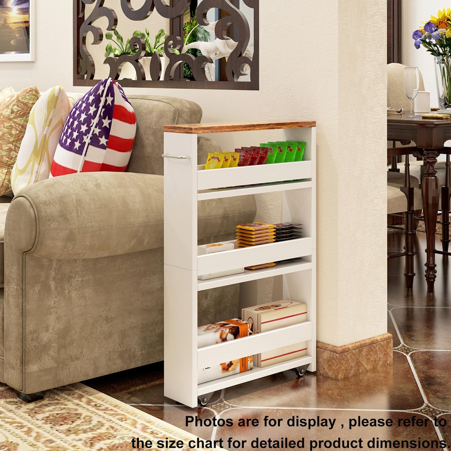 TEAMIX Slim Rolling Storage Cart, Wood 4-Tier Narrow Kitchen/Laundry Cart