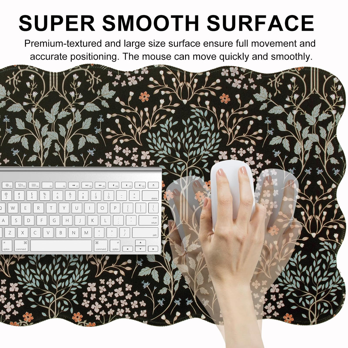 L-SPOUTTO Black Mouse Pad,Scalloped Desk Mat XXL Botanical Gaming Mousepad