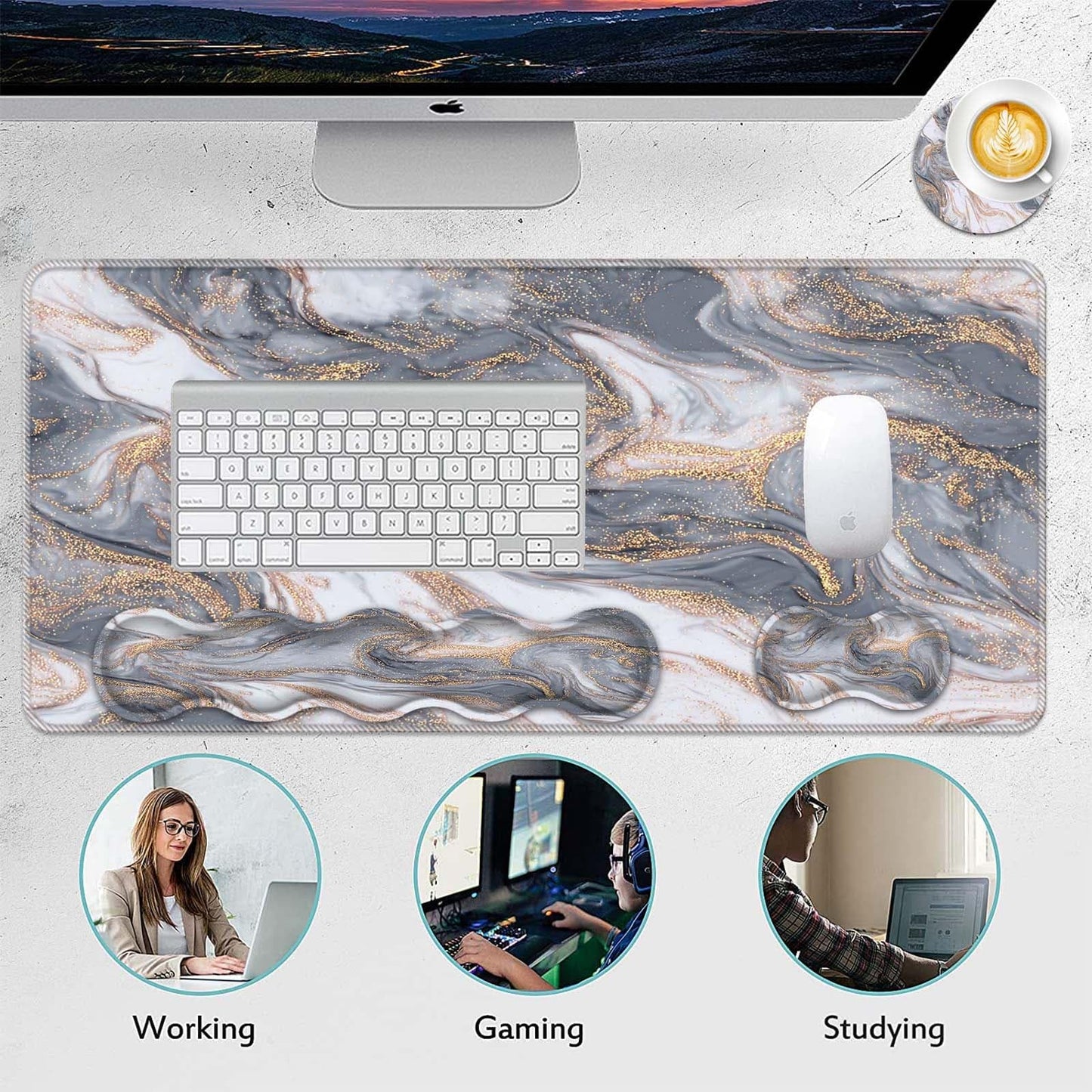 FGDRFGRW Mouse Pad Set,(31.5×11.8 in) Desk Pad + Keyboard Wrist Rest Support + Mouse Wrist Rest +