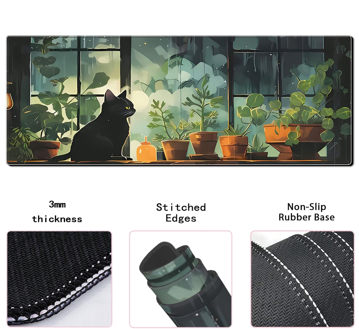 Cute Black cat Gaming Mouse Pad Green Plants Large Desk Mat, 31.5x11.8 Inch Mousepad Extended