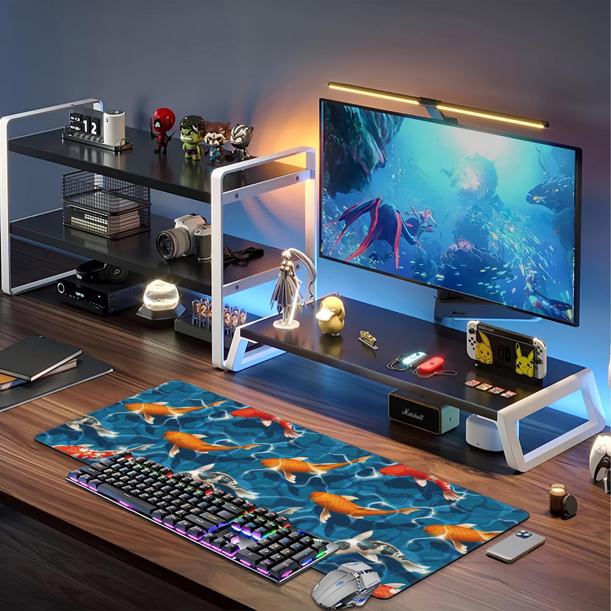 Koi Carps Desk Mat,Large Swimming Koi Fish Gaming Keyboard Mouse Pad,Non-Slip Rubber Base Desk Pad