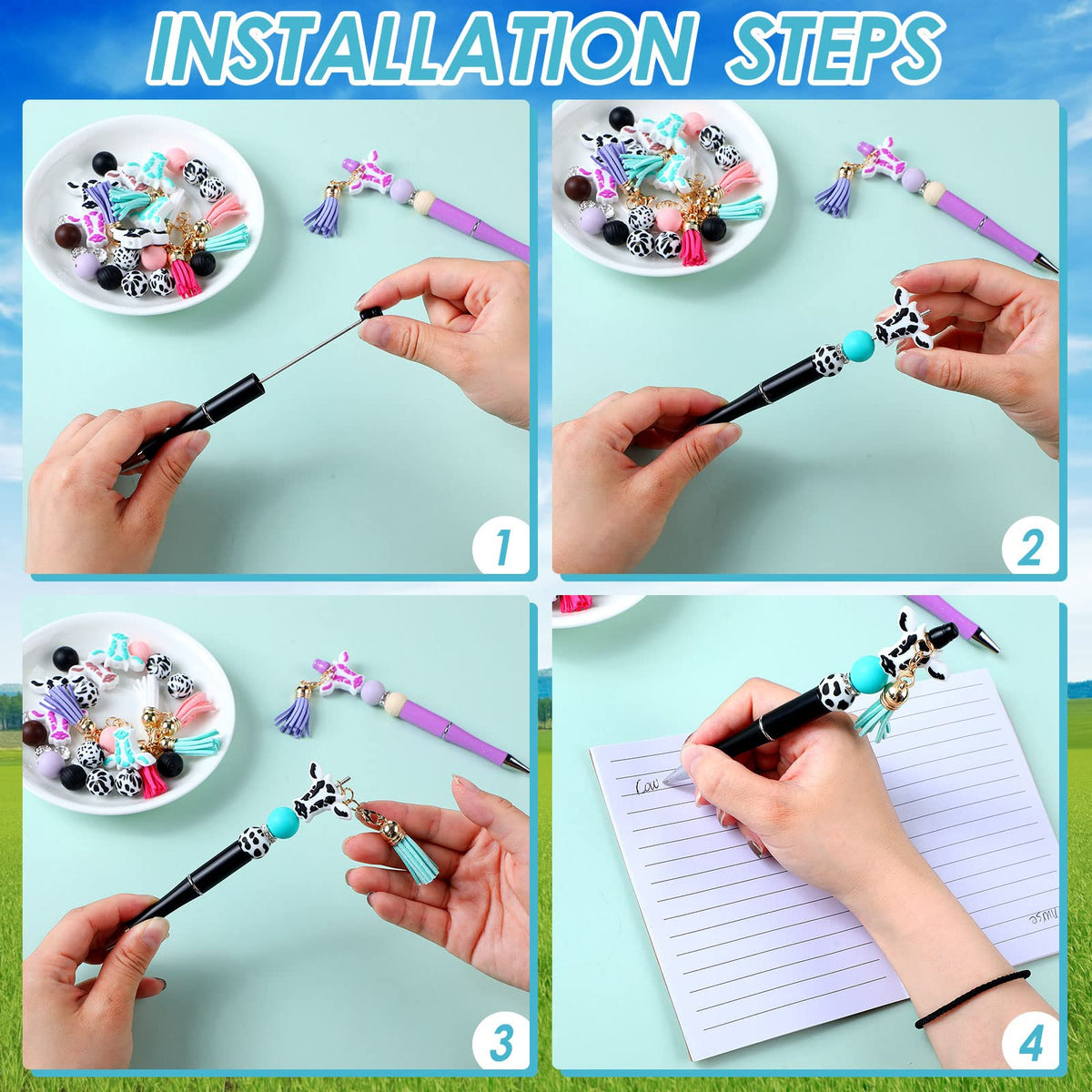Tinlade 12 Beadable Pens Bulk with 50 Beads Multicolor DIY, Cow Style