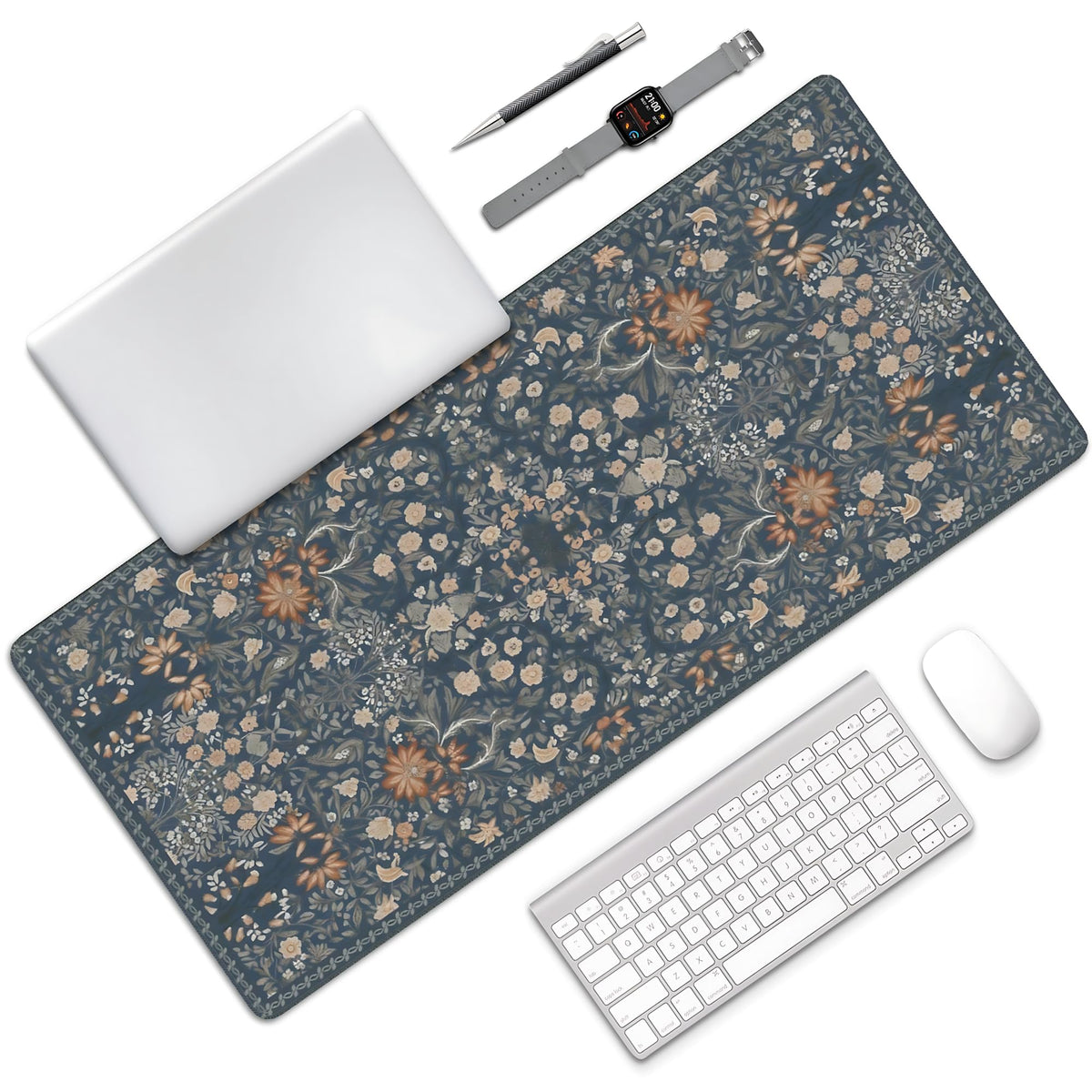 Floral Aesthetic Wildflower Gaming Mouse Pad, Blue Pink Rug Desk Mat with Anti-Slip Base & Stitched