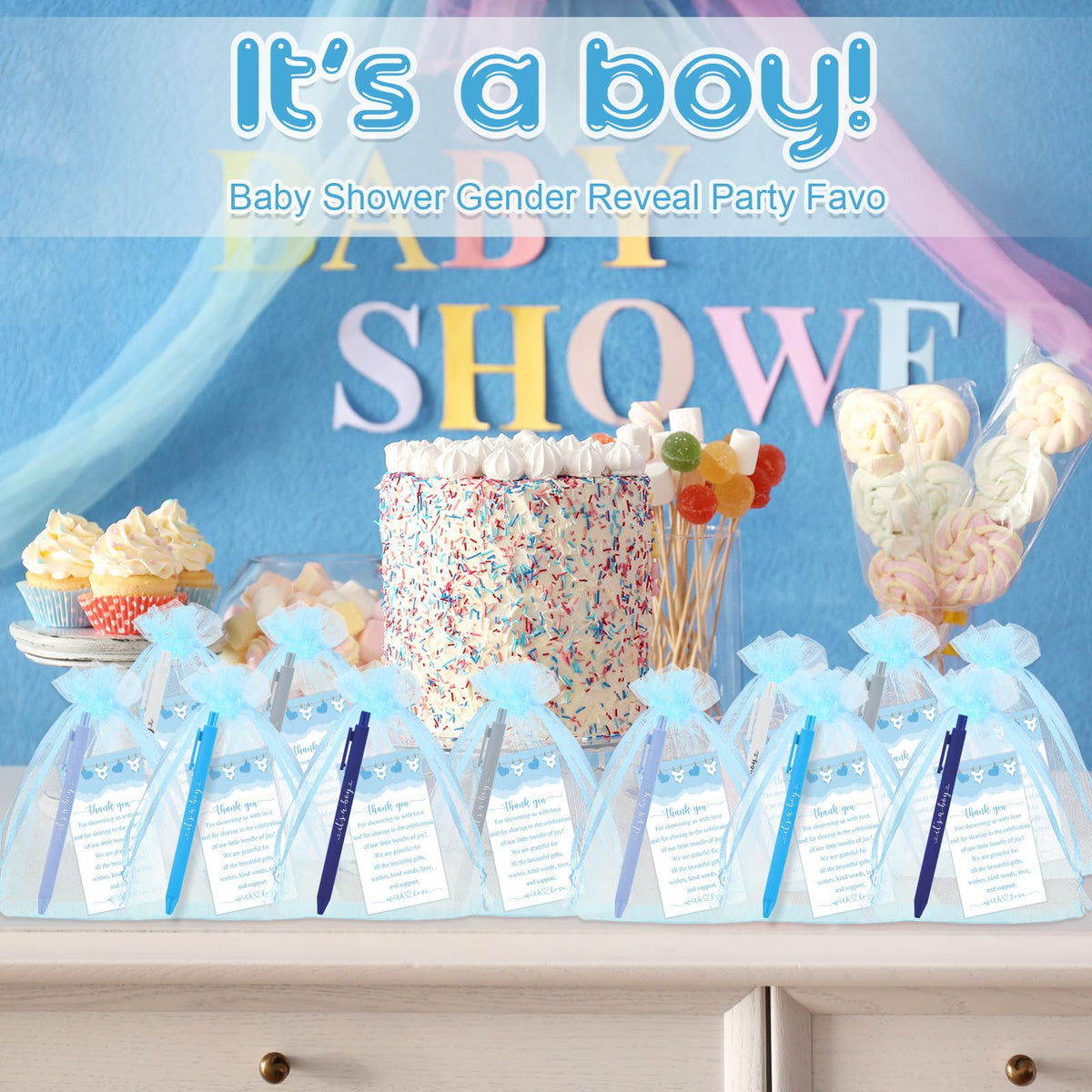 Chuangdi 50 Pack It's a Boy Party Baby Shower Pens Favors for Guests, Blue Gender Reveal Party