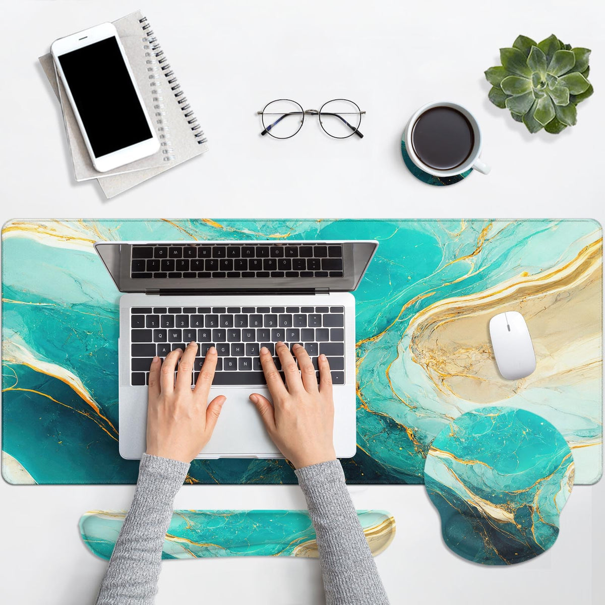 Britimes Keyboard Mouse Pad Set, 4 in 1 Desk Mat Set, Marble Green