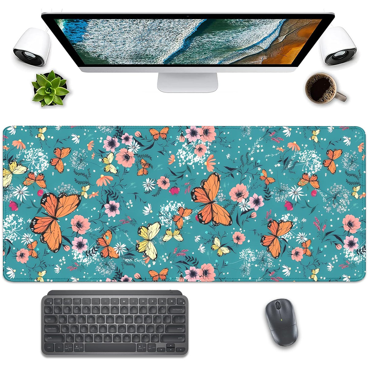 Colorful Butterflies and Flowers Extended Desk Pad Mouse Pad,Stitched Edges Non-Slip Rubber Base XL