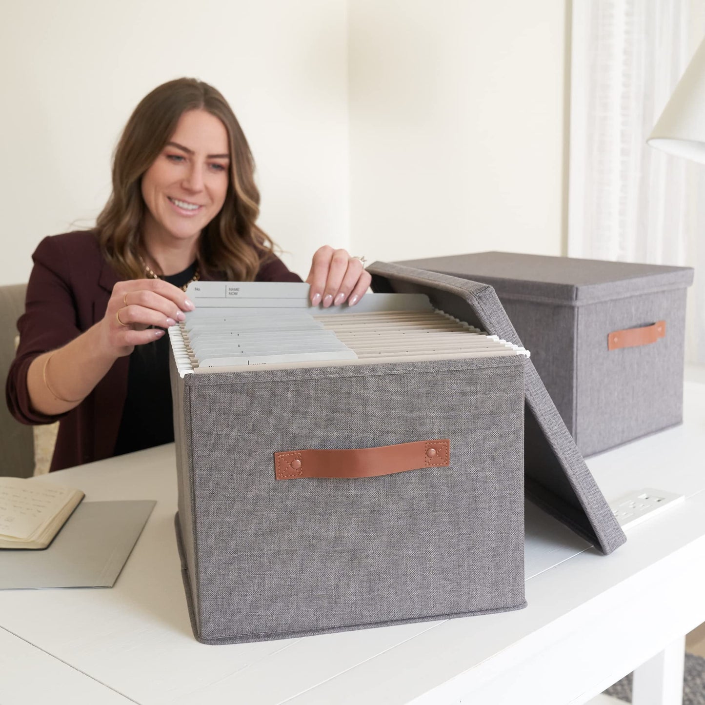 Decorative File Organizer Box Set of 2 - Collapsible Linen Filing Cabinets