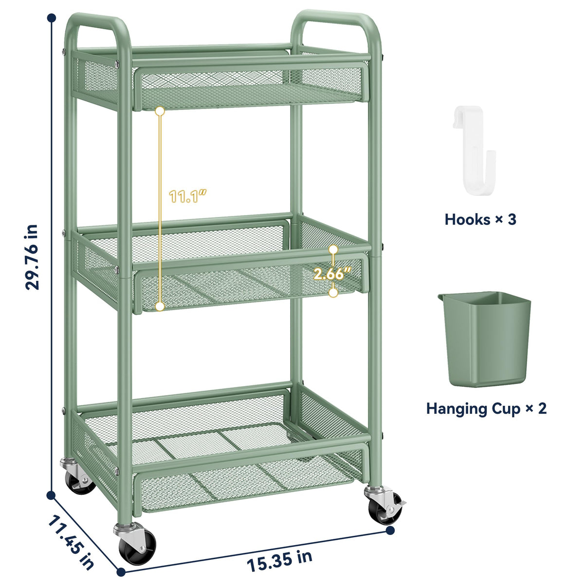 YASONIC 3 Tier Metal Rolling Cart, Green Utility Storage Cart with Wheels
