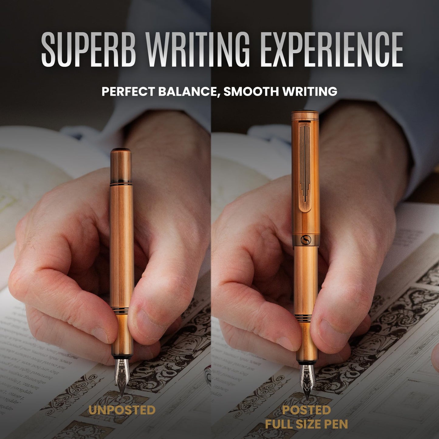 Scriveiner Luxury EDC Fountain Pen (Medium), Stunning Heavy Brass Pocket Pen, Hand Brushed Copper