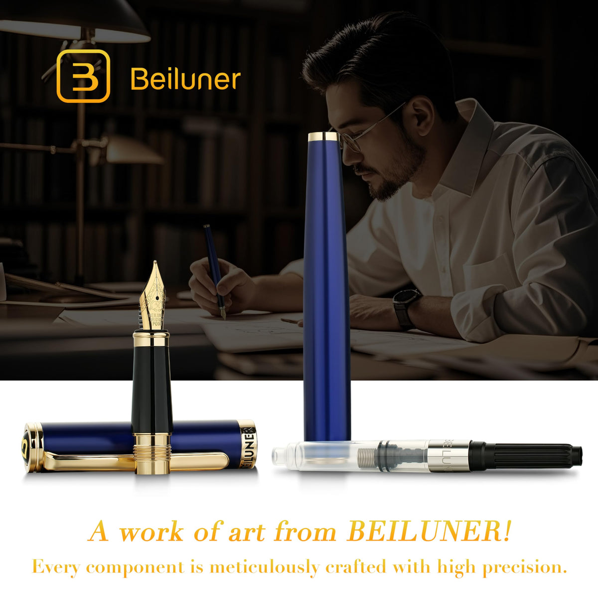 BEILUNER Blue Fountain Pen,Stunning Luxury Pens with 24K Gold Finish, Gorgeous 24K Gilded