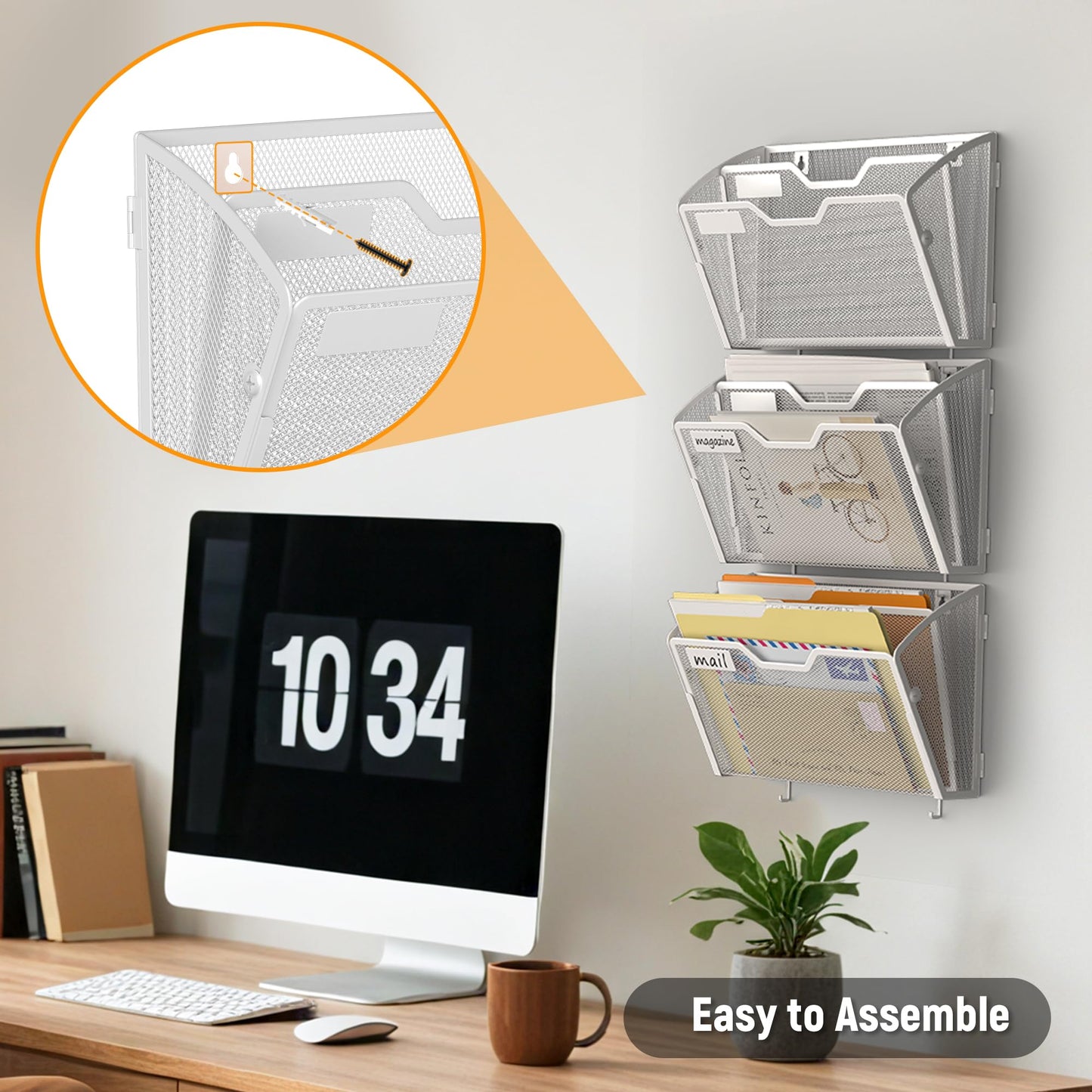 Docnest 3 Pack 2 Tier Mesh Wall File Holders with Hooks for Mail, White