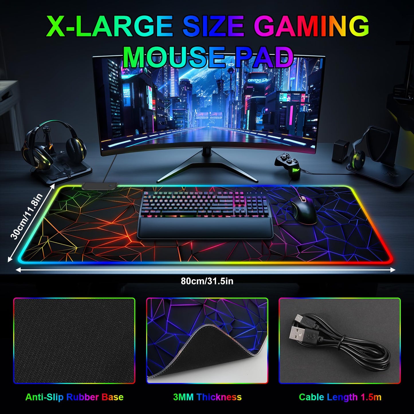 Mouse Pad 31.5 X 11.8 Inches RGB Mouse Mat with 13 Light Modes