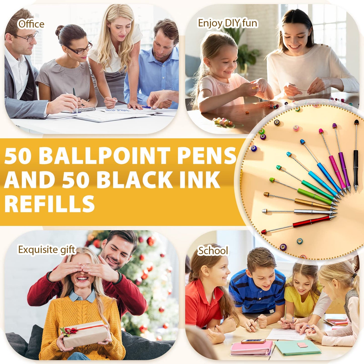 Chivao 50 Pieces Metal Beadable Pens Bulk Beaded Pens Black Ink Ballpoint with Refills Assorted
