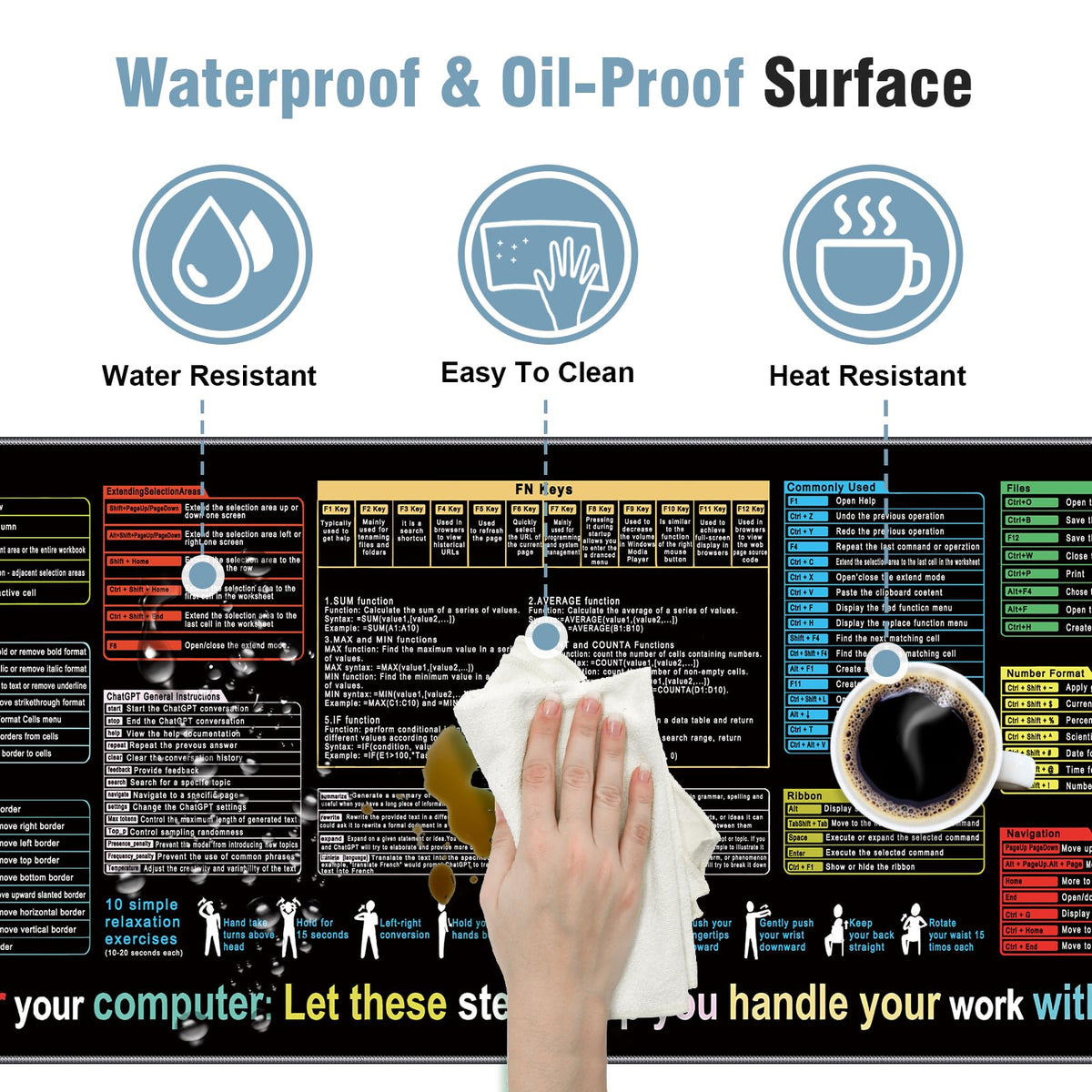 Excel Mouse Pad 35.4 x 15.7in, Excel Shortcuts Mouse Pad Provide Quick Convenience for Office